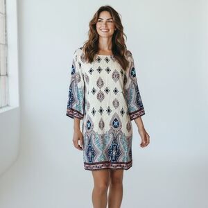 White Blue Abstract Floral Mini Flare Sleeve Dress Swimsuit Cover Up size M